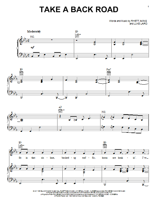 Rodney Atkins Take A Back Road sheet music notes and chords arranged for Piano, Vocal & Guitar Chords (Right-Hand Melody)