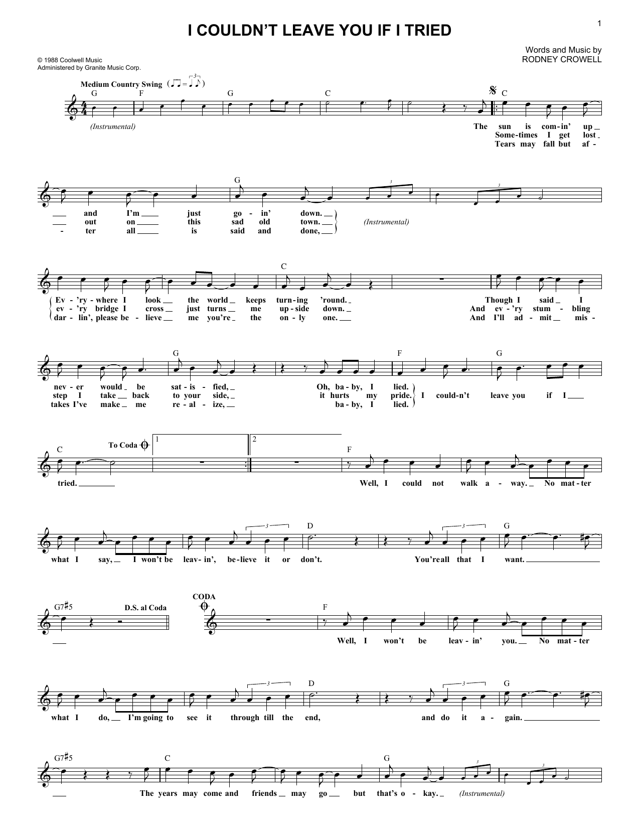Rodney Crowell I Couldn't Leave You If I Tried sheet music notes and chords arranged for Lead Sheet / Fake Book