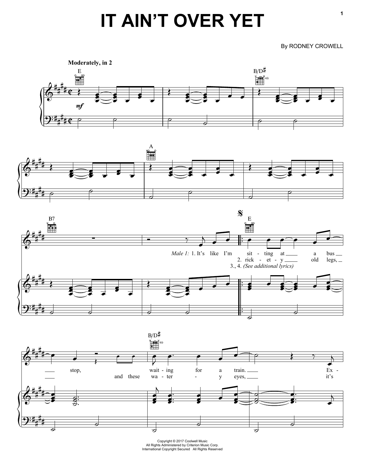 Rodney Crowell It Ain't Over Yet sheet music notes and chords arranged for Piano, Vocal & Guitar Chords (Right-Hand Melody)