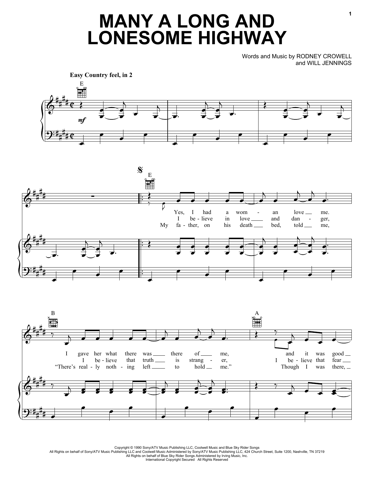Rodney Crowell Many A Long And Lonesome Highway sheet music notes and chords arranged for Piano, Vocal & Guitar Chords (Right-Hand Melody)