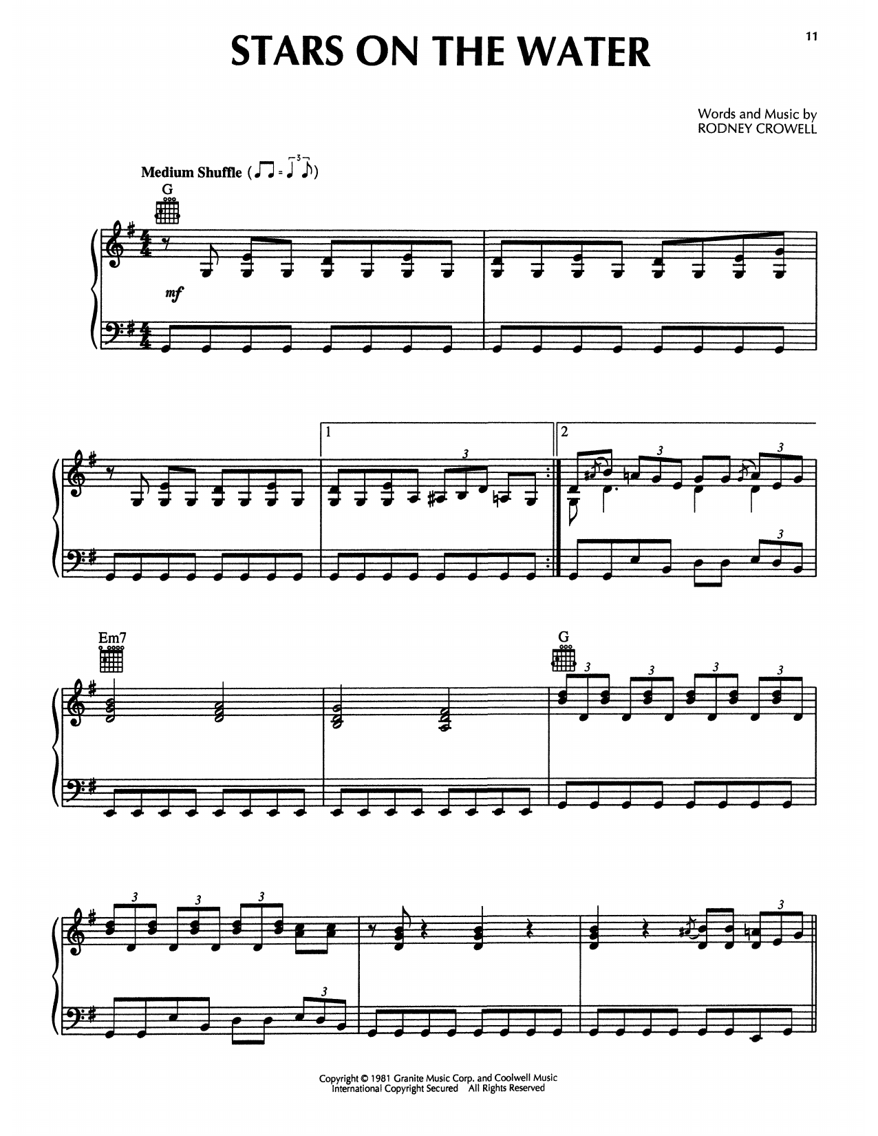 Rodney Crowell Stars On The Water (from The Firm) sheet music notes and chords arranged for Piano Solo