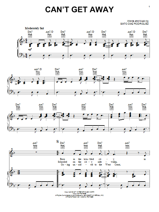 Rodriguez Can't Get Away sheet music notes and chords arranged for Piano, Vocal & Guitar Chords (Right-Hand Melody)