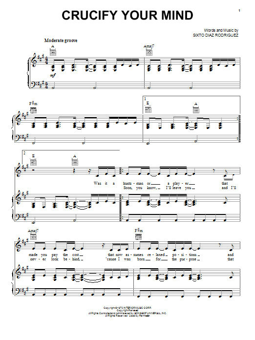 Rodriguez Crucify Your Mind sheet music notes and chords arranged for Piano, Vocal & Guitar Chords (Right-Hand Melody)