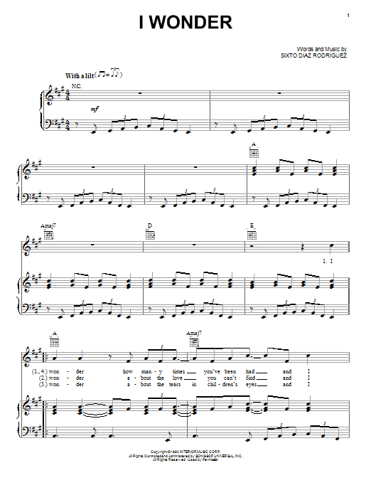 Rodriguez I Wonder sheet music notes and chords arranged for Piano, Vocal & Guitar Chords (Right-Hand Melody)
