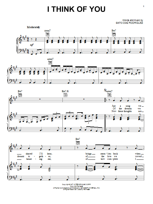 Rodriguez I Think Of You sheet music notes and chords arranged for Piano, Vocal & Guitar Chords (Right-Hand Melody)