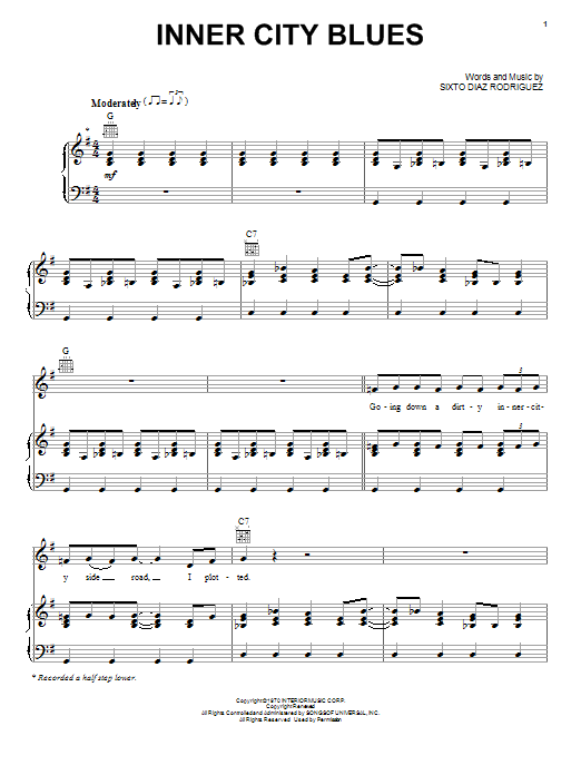 Rodriguez Inner City Blues sheet music notes and chords arranged for Piano, Vocal & Guitar Chords (Right-Hand Melody)