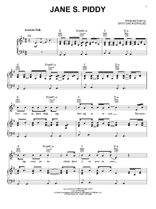 Rodriguez Jane S. Piddy sheet music notes and chords arranged for Piano, Vocal & Guitar Chords (Right-Hand Melody)