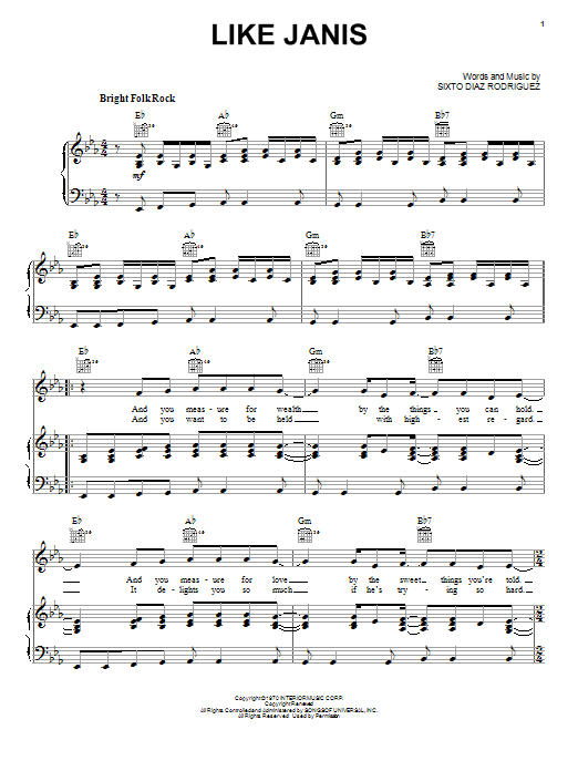 Rodriguez Like Janis sheet music notes and chords arranged for Piano, Vocal & Guitar Chords (Right-Hand Melody)
