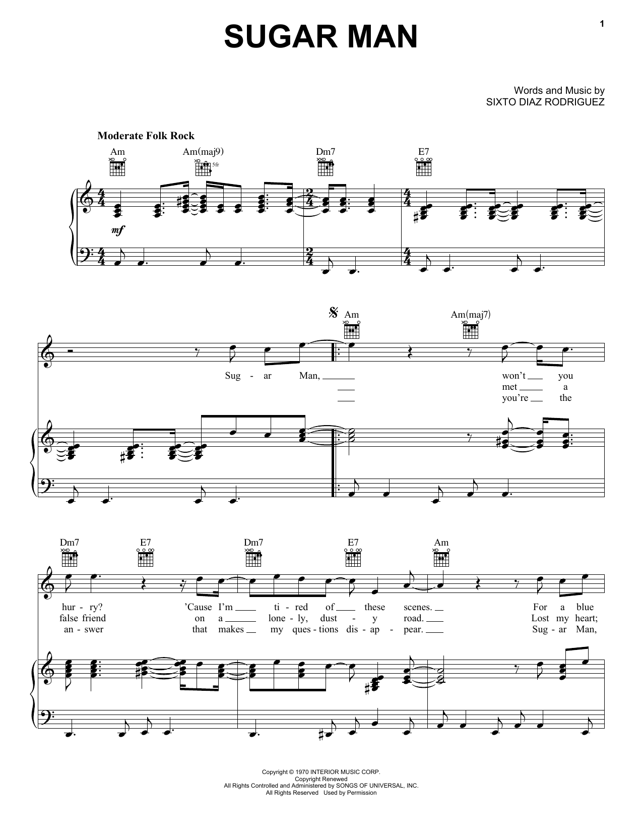 Rodriguez Sugar Man sheet music notes and chords arranged for Piano, Vocal & Guitar Chords (Right-Hand Melody)