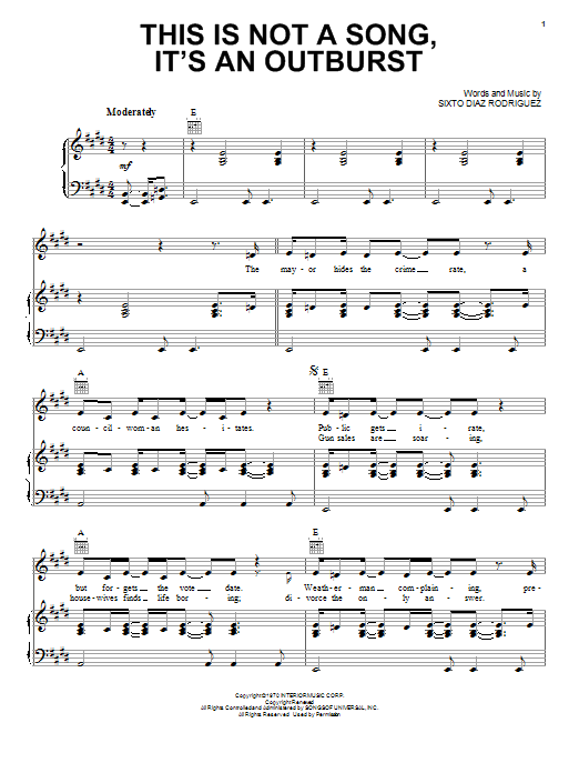 Rodriguez This Is Not A Song, It's An Outburst sheet music notes and chords arranged for Piano, Vocal & Guitar Chords (Right-Hand Melody)