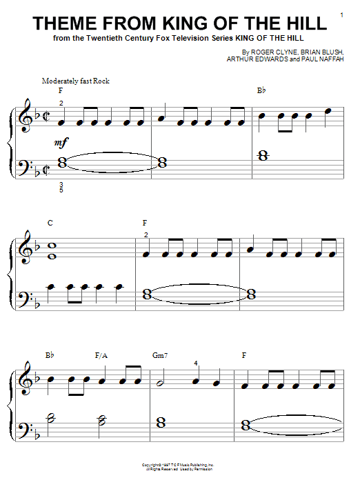 Roger Clyne Theme From King Of The Hill sheet music notes and chords arranged for 5-Finger Piano