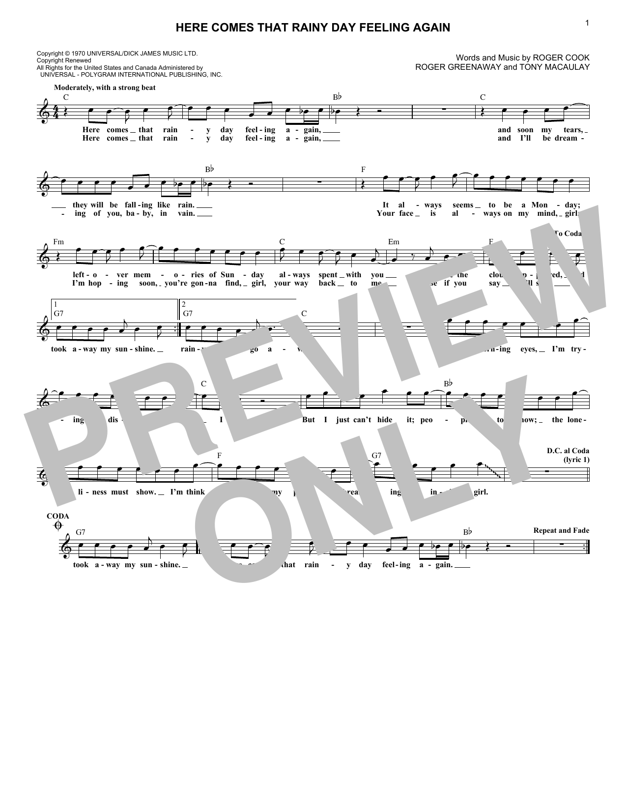 Roger Cook Here Comes That Rainy Day Feeling Again sheet music notes and chords arranged for Lead Sheet / Fake Book