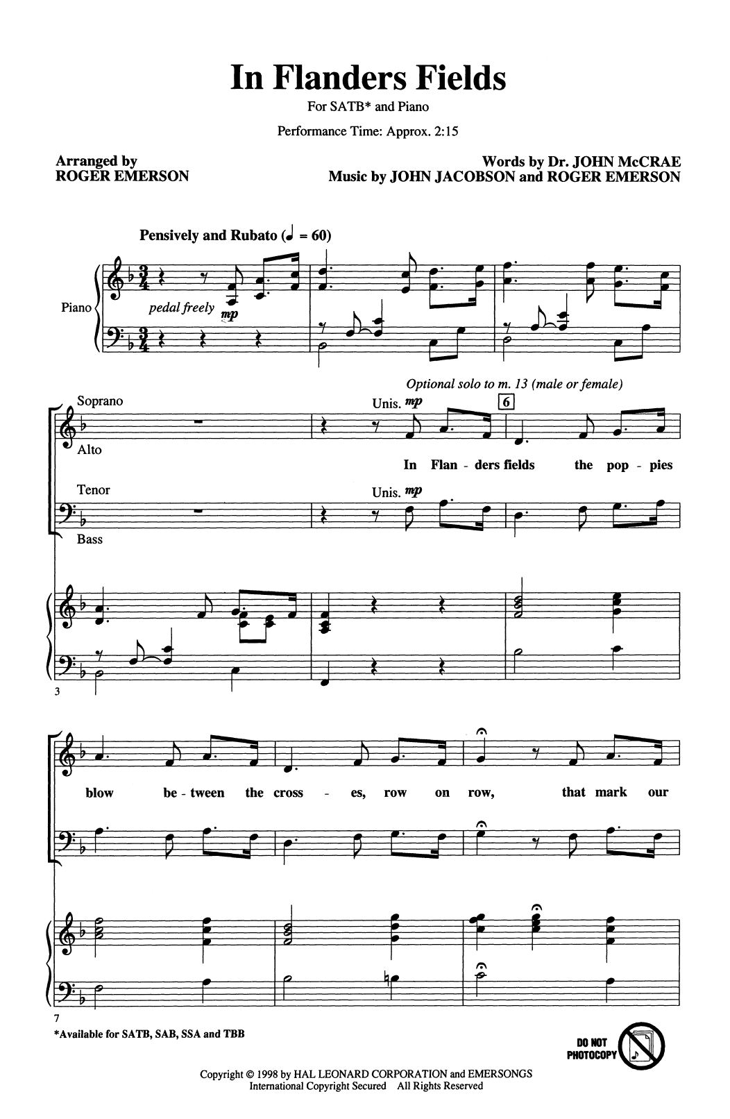 Roger Emerson In Flanders Fields sheet music notes and chords arranged for 2-Part Choir
