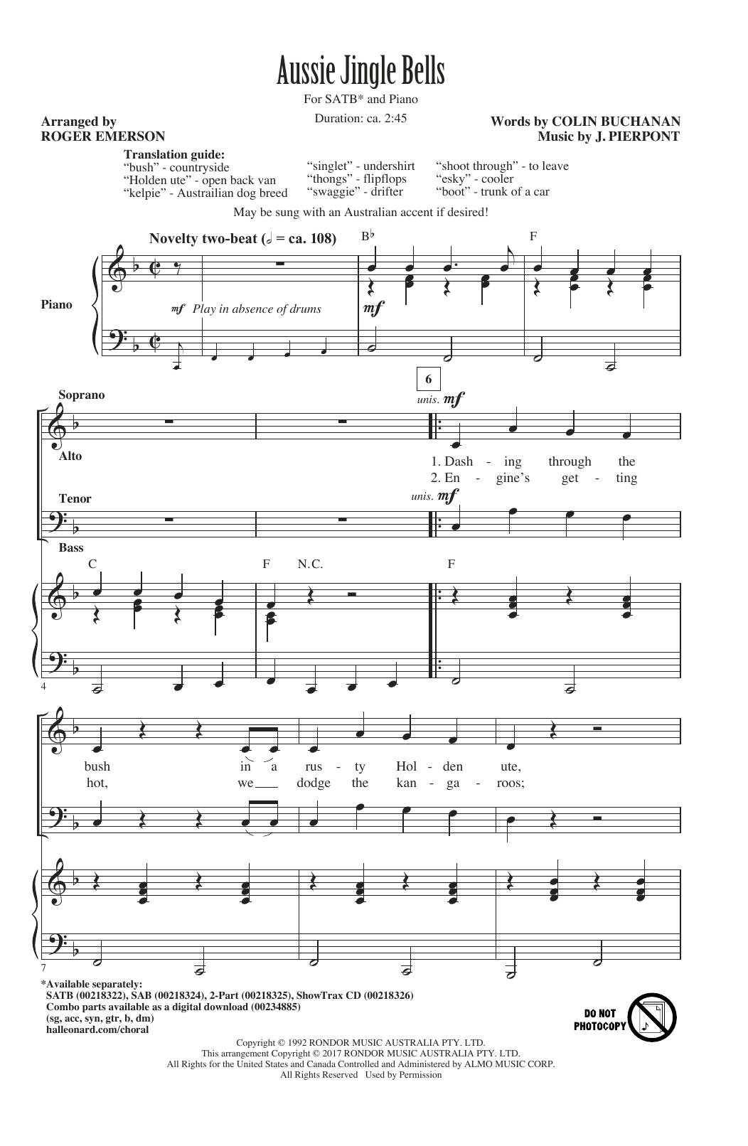 Roger Emerson Aussie Jingle Bells sheet music notes and chords arranged for SAB Choir