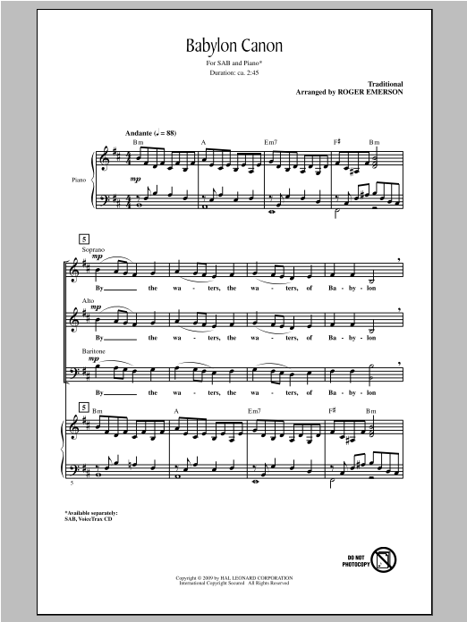 Roger Emerson Babylon Canon sheet music notes and chords arranged for SAB Choir