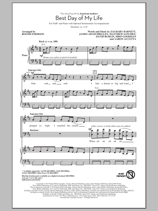 Roger Emerson Best Day Of My Life sheet music notes and chords arranged for SATB Choir