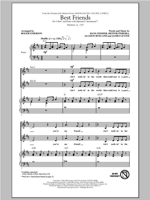 Roger Emerson Best Friends (from Madagascar 2: Escape 2 Africa) sheet music notes and chords arranged for 2-Part Choir
