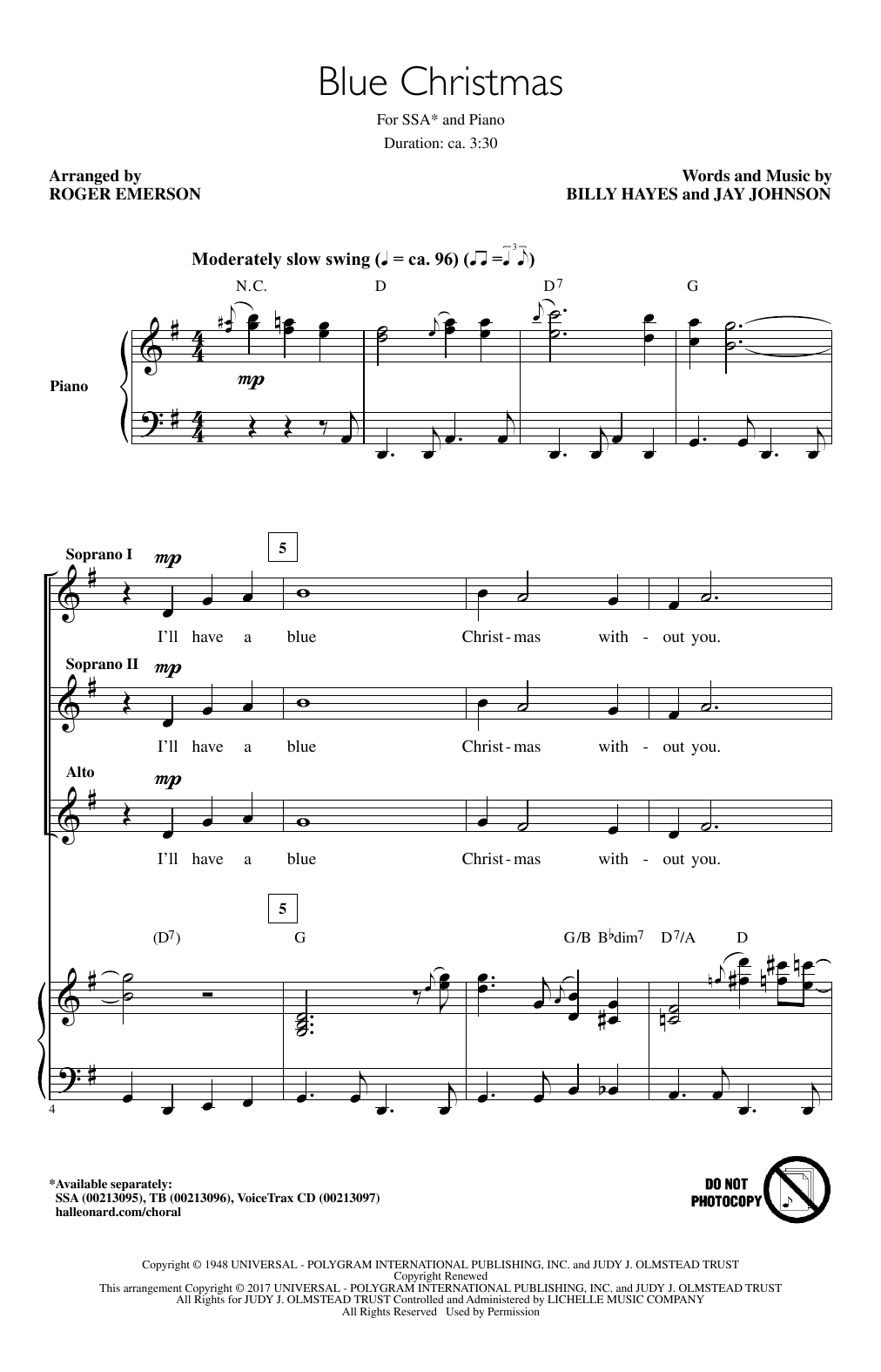 Roger Emerson Blue Christmas sheet music notes and chords arranged for SSA Choir