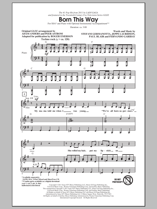 Roger Emerson Born This Way sheet music notes and chords arranged for SATB Choir