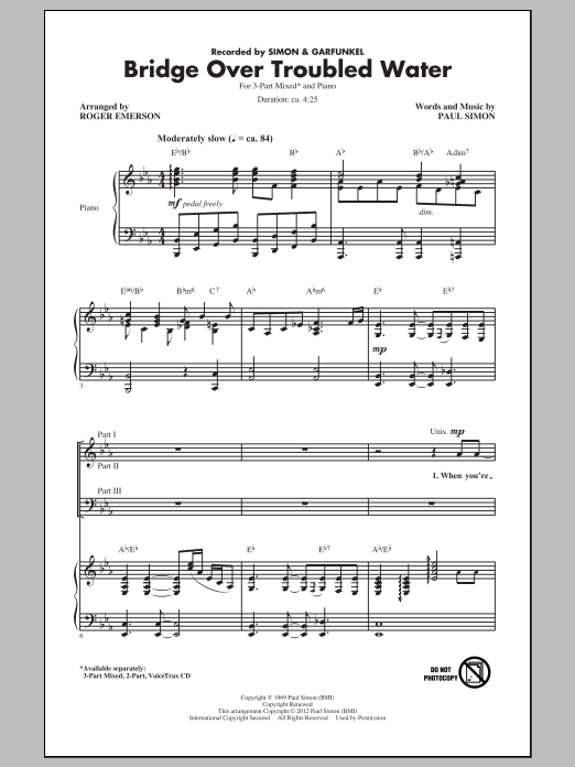 Roger Emerson Bridge Over Troubled Water (arr. Roger Emerson) sheet music notes and chords arranged for 3-Part Mixed Choir