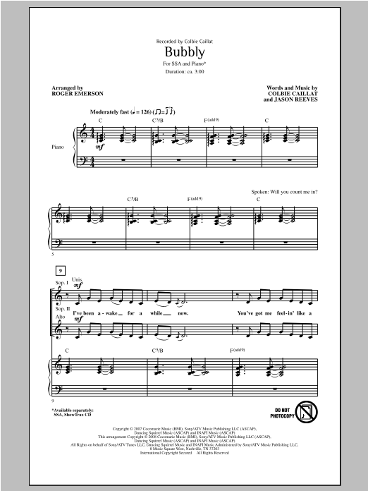 Roger Emerson Bubbly sheet music notes and chords arranged for SSA Choir