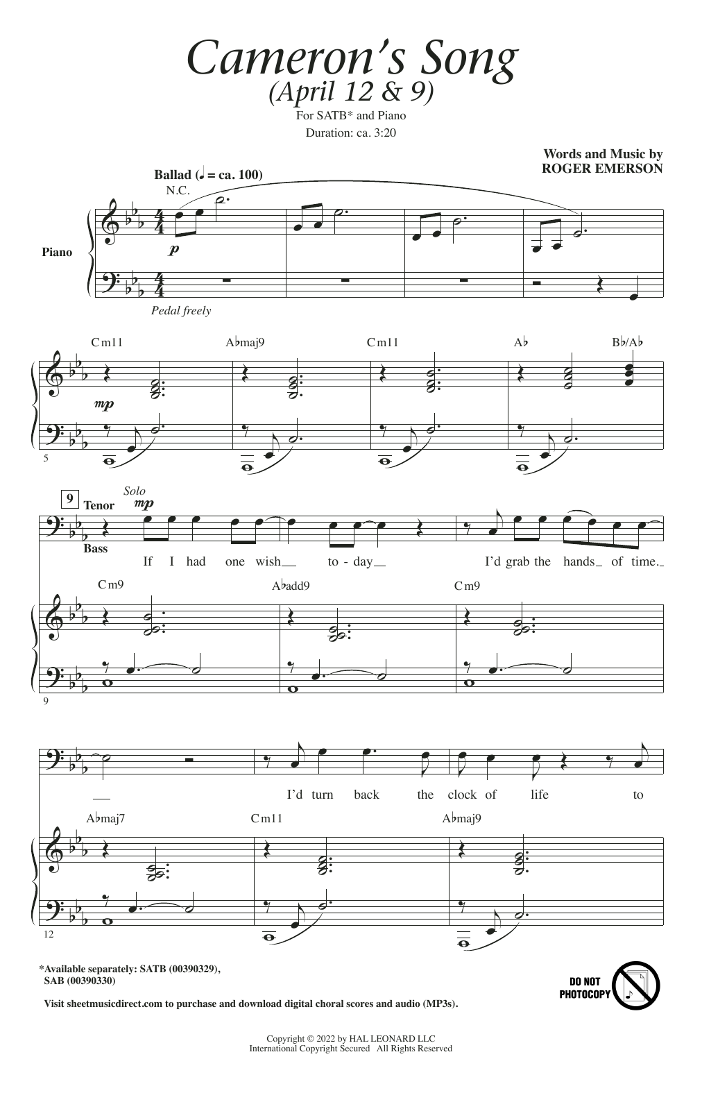 Roger Emerson Cameron's Song sheet music notes and chords arranged for SATB Choir