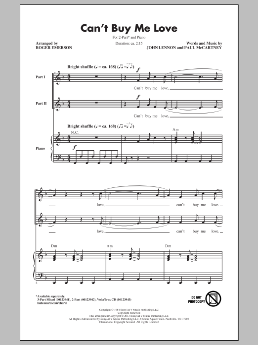 Roger Emerson Can't Buy Me Love sheet music notes and chords arranged for 2-Part Choir