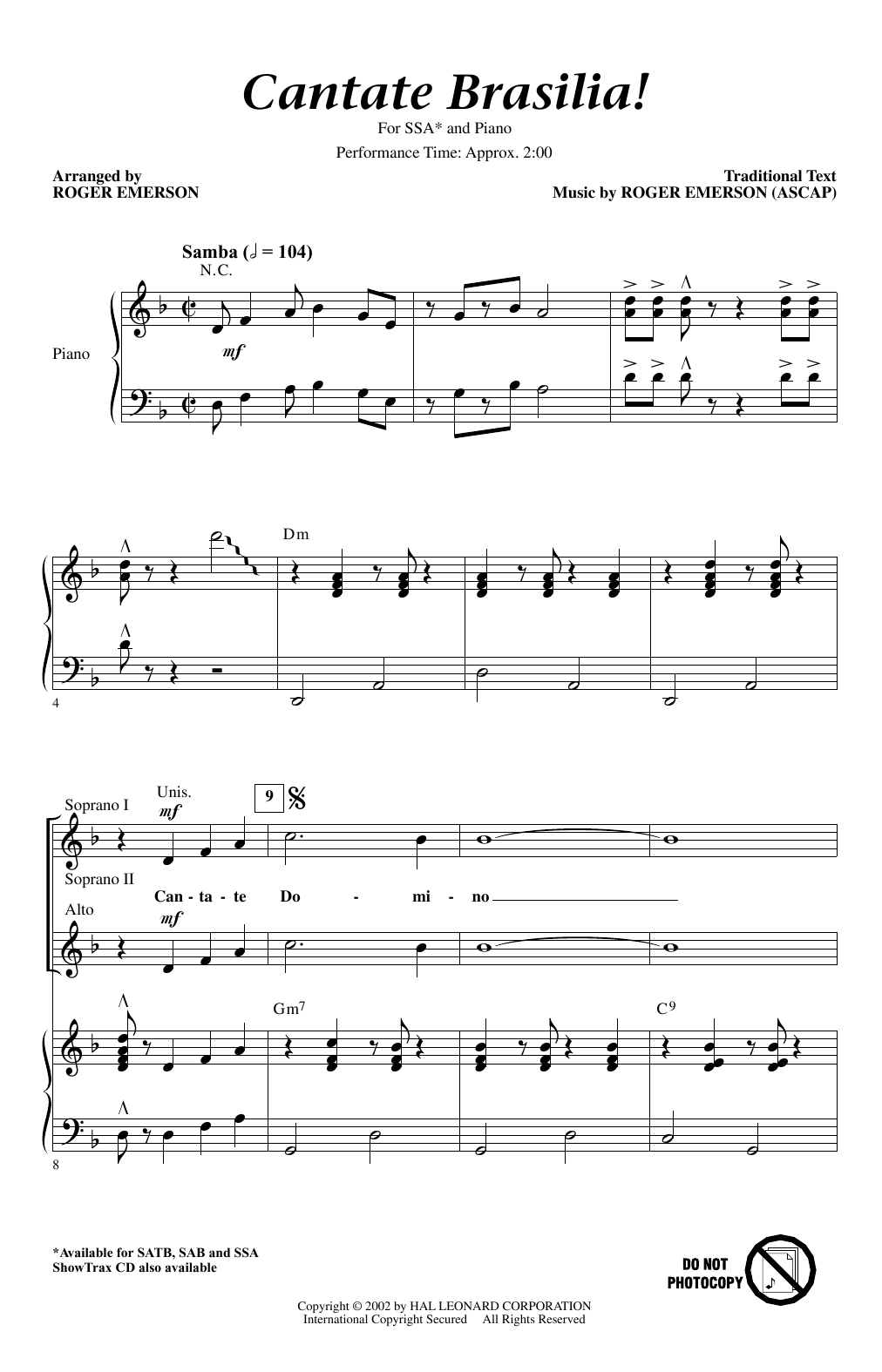 Roger Emerson Cantate Brasilia sheet music notes and chords arranged for SSA Choir