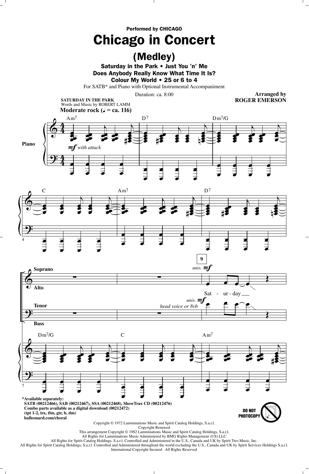 Roger Emerson Chicago In Concert (Medley) sheet music notes and chords arranged for SAB Choir