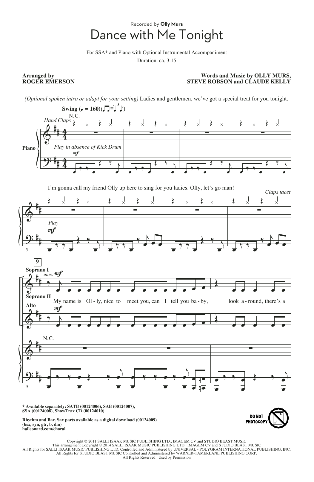 Roger Emerson Dance With Me Tonight sheet music notes and chords arranged for SSA Choir