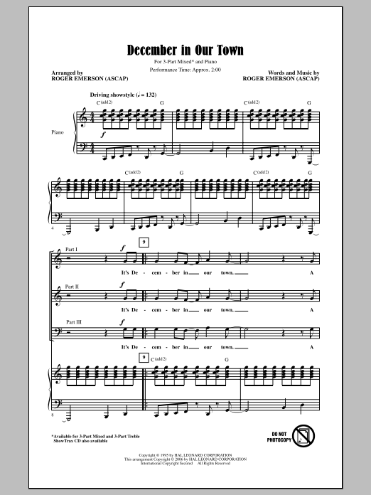 Roger Emerson December In Our Town sheet music notes and chords arranged for 3-Part Treble Choir