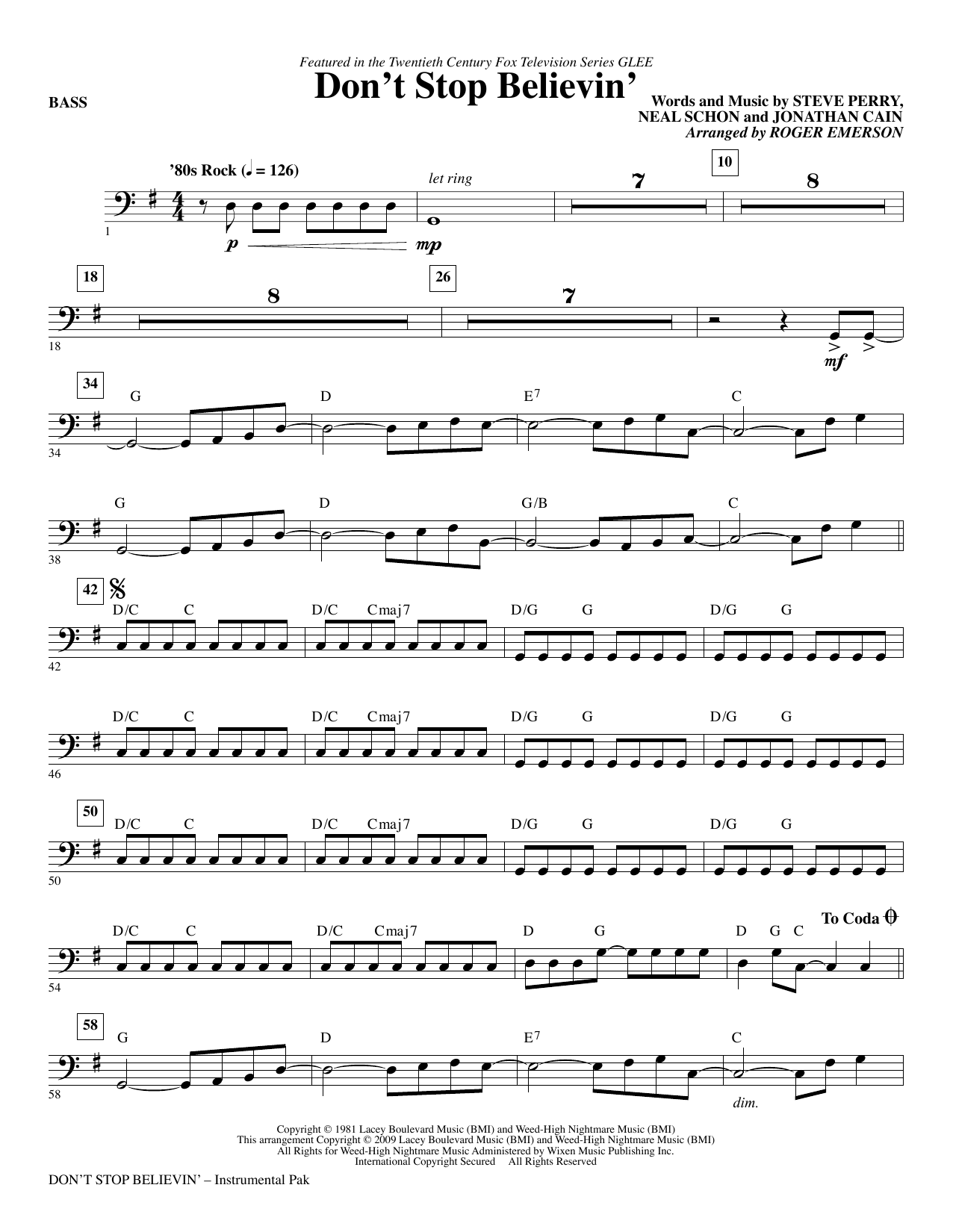 Roger Emerson Don't Stop Believin' - Bass sheet music notes and chords arranged for Choir Instrumental Pak