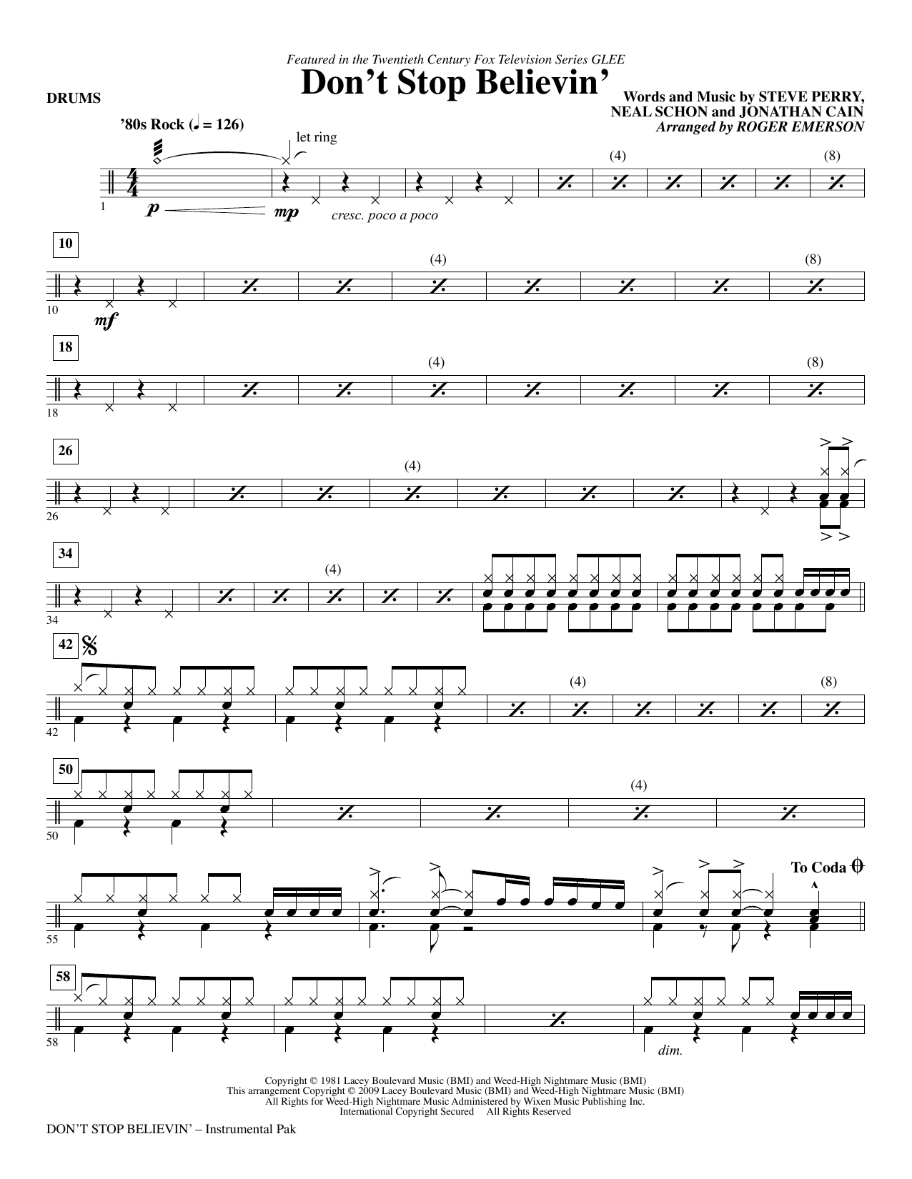 Roger Emerson Don't Stop Believin' - Drums sheet music notes and chords arranged for Choir Instrumental Pak