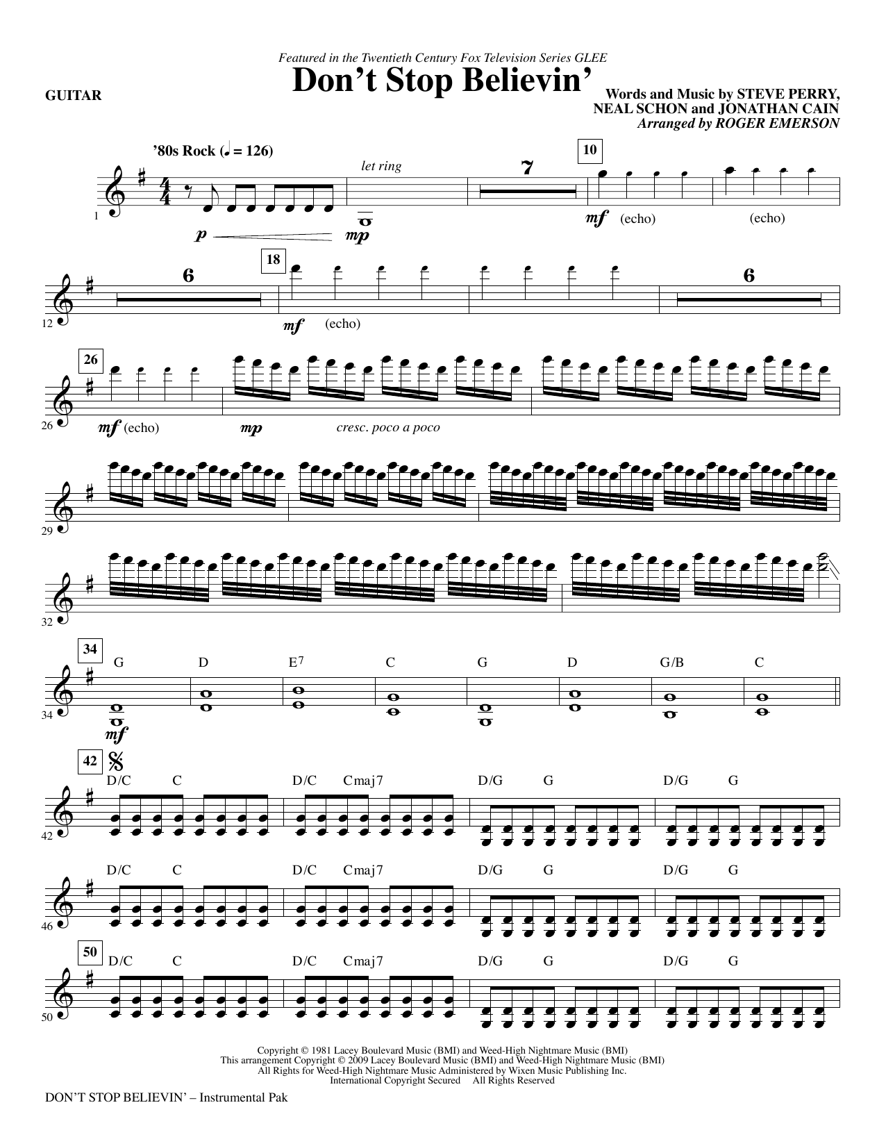 Roger Emerson Don't Stop Believin' - Guitar sheet music notes and chords arranged for Choir Instrumental Pak