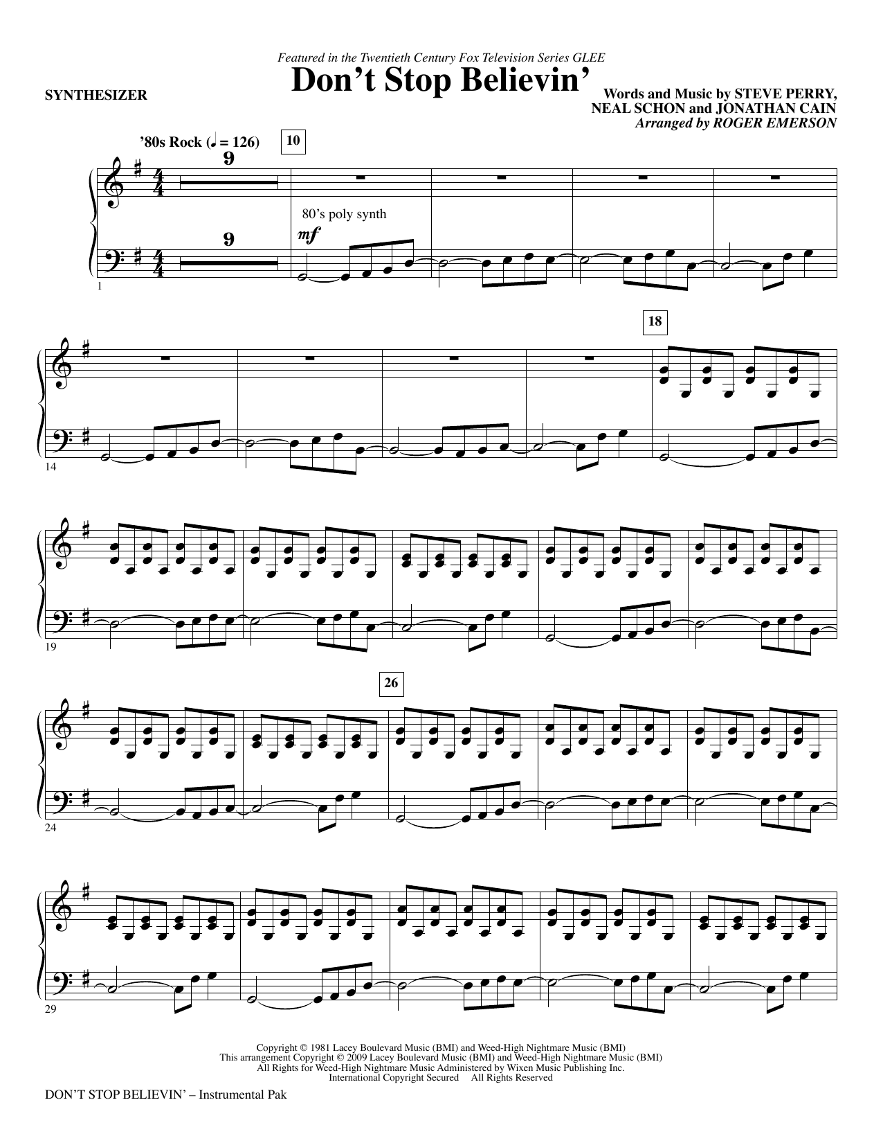 Roger Emerson Don't Stop Believin' - Synthesizer sheet music notes and chords arranged for Choir Instrumental Pak