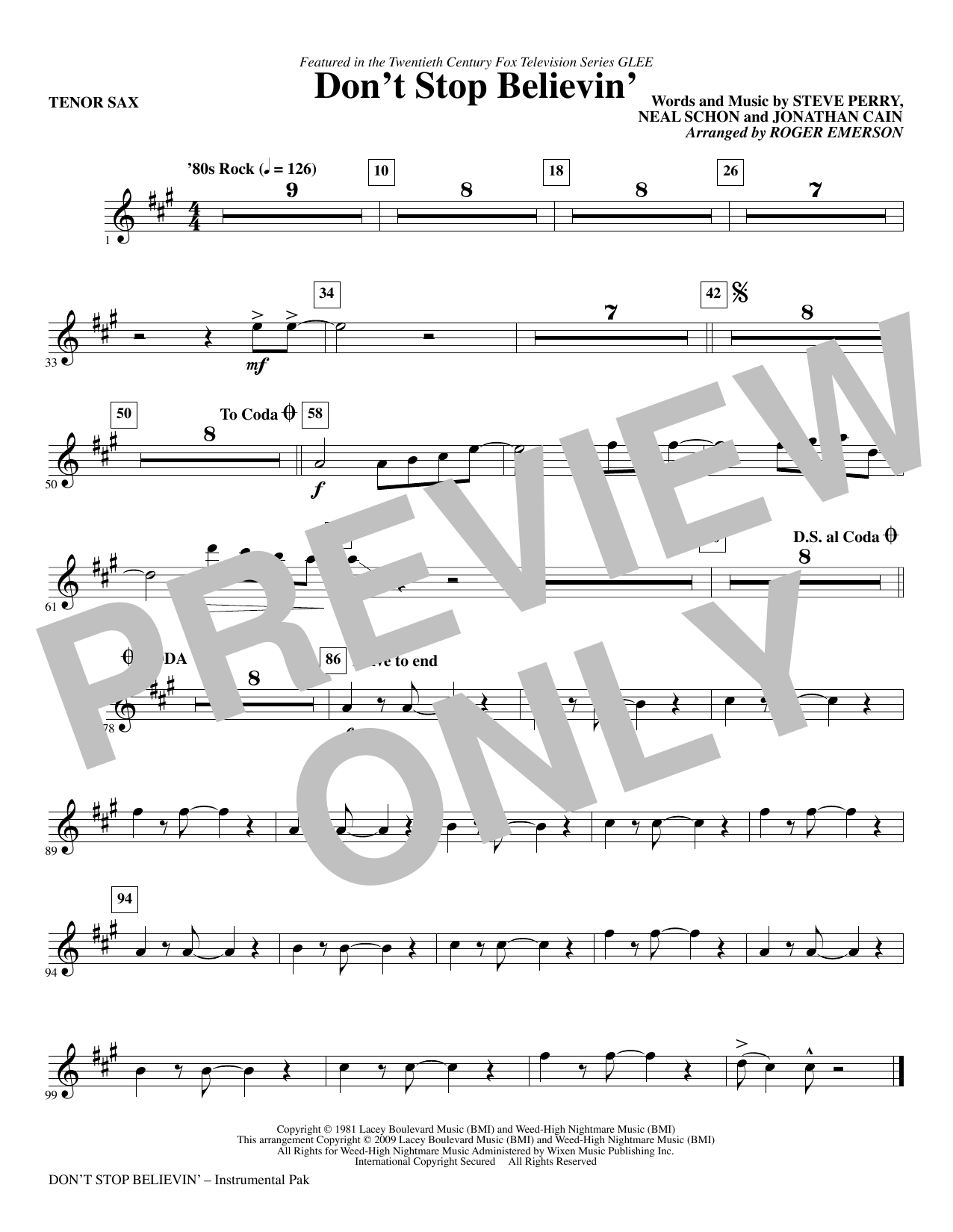 Roger Emerson Don't Stop Believin' - Tenor Sax sheet music notes and chords arranged for Choir Instrumental Pak
