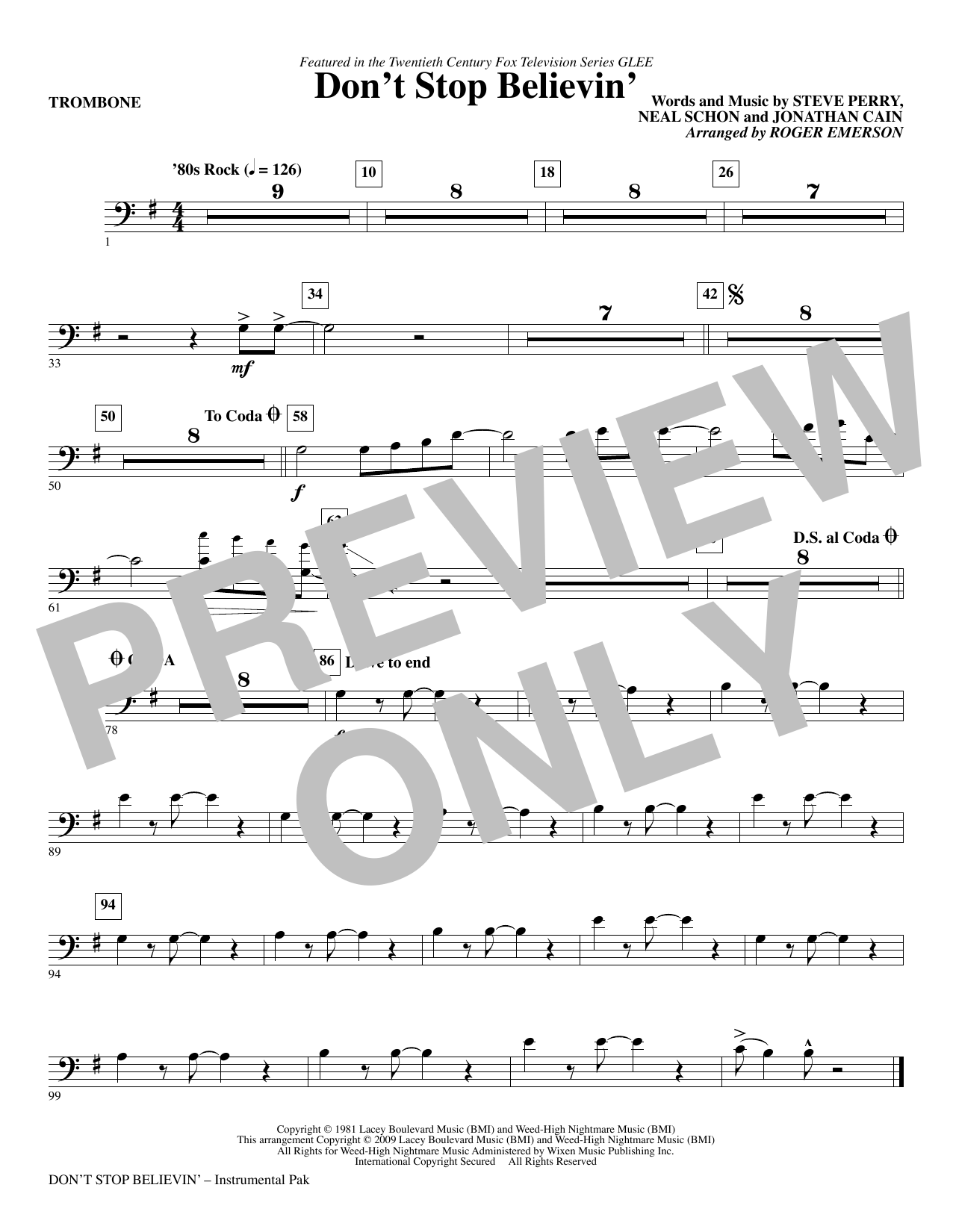 Roger Emerson Don't Stop Believin' - Trombone sheet music notes and chords arranged for Choir Instrumental Pak