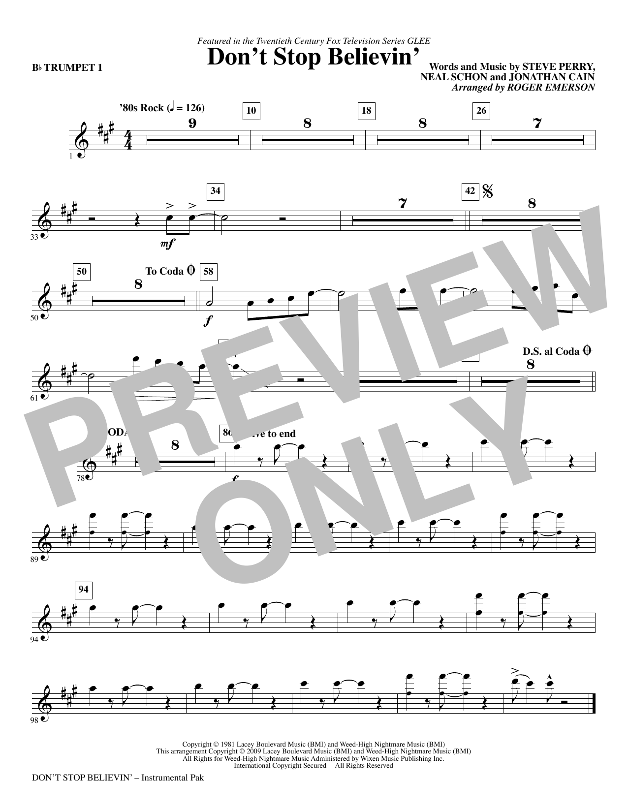 Roger Emerson Don't Stop Believin' - Trumpet 1 sheet music notes and chords arranged for Choir Instrumental Pak