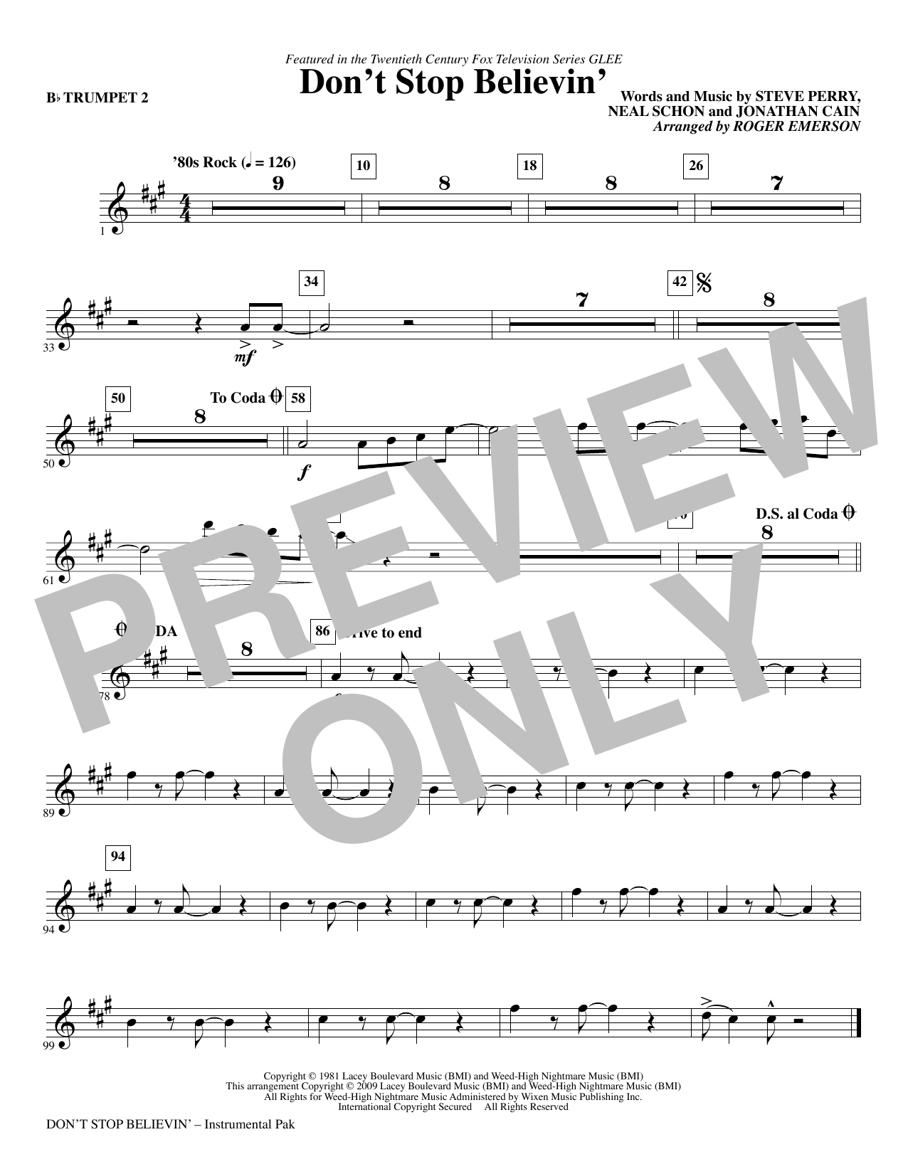 Roger Emerson Don't Stop Believin' - Trumpet 2 sheet music notes and chords arranged for Choir Instrumental Pak