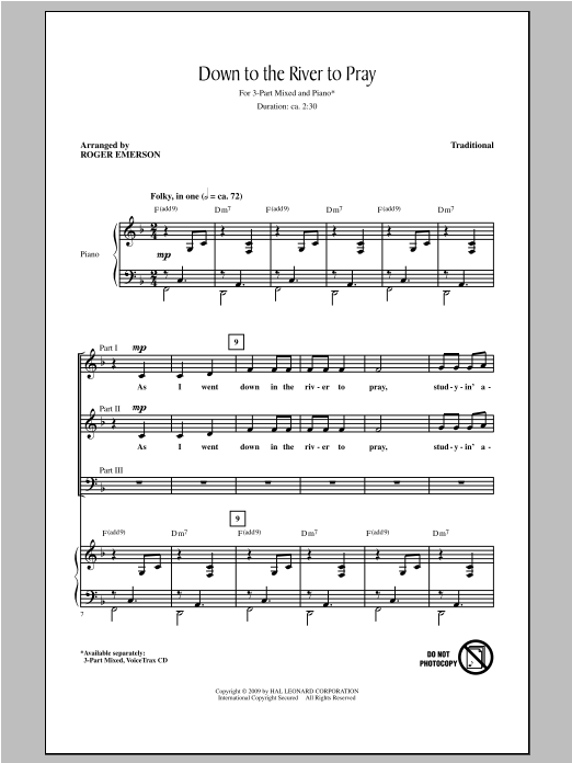 Roger Emerson Down To The River To Pray sheet music notes and chords arranged for 3-Part Mixed Choir