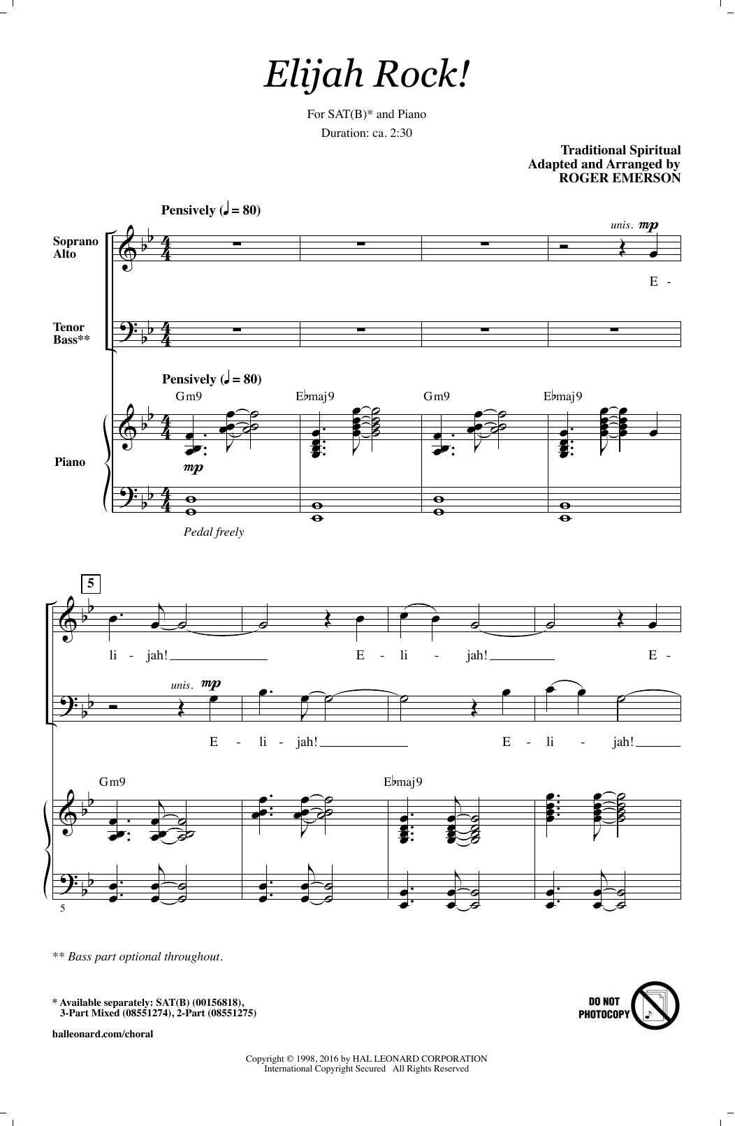 Roger Emerson Elijah Rock sheet music notes and chords arranged for SATB Choir