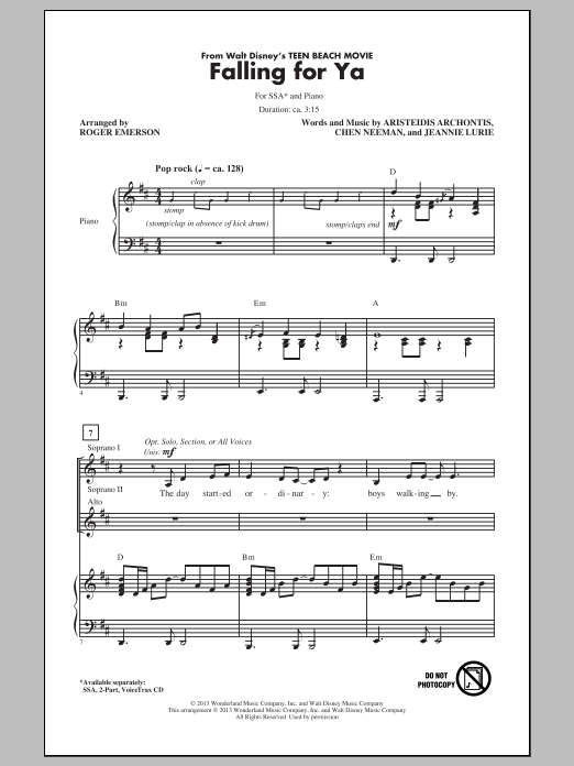 Roger Emerson Falling For Ya (from Teen Beach Movie) sheet music notes and chords arranged for 2-Part Choir