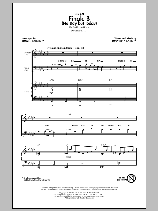 Roger Emerson Finale B (No Day But Today) sheet music notes and chords arranged for SAB Choir