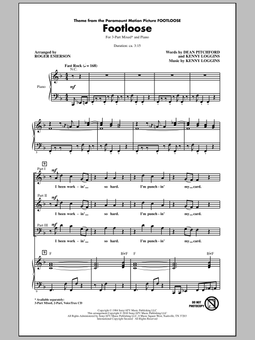 Roger Emerson Footloose sheet music notes and chords arranged for 3-Part Mixed Choir
