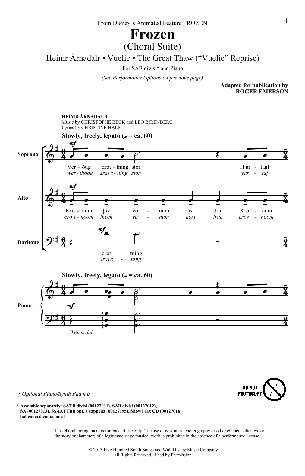 Roger Emerson Frozen (Choral Suite) sheet music notes and chords arranged for SATB Choir