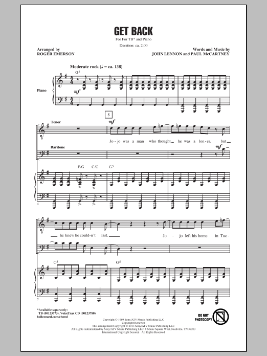 Roger Emerson Get Back sheet music notes and chords arranged for TB Choir