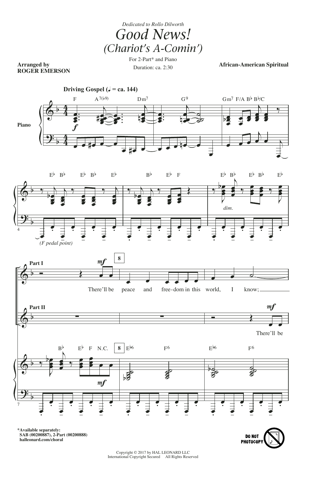 Roger Emerson Good News, The Chariot's Comin' sheet music notes and chords arranged for 2-Part Choir