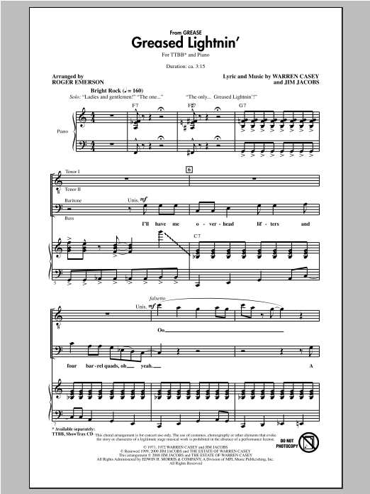 Roger Emerson Greased Lightnin' sheet music notes and chords arranged for TTBB Choir