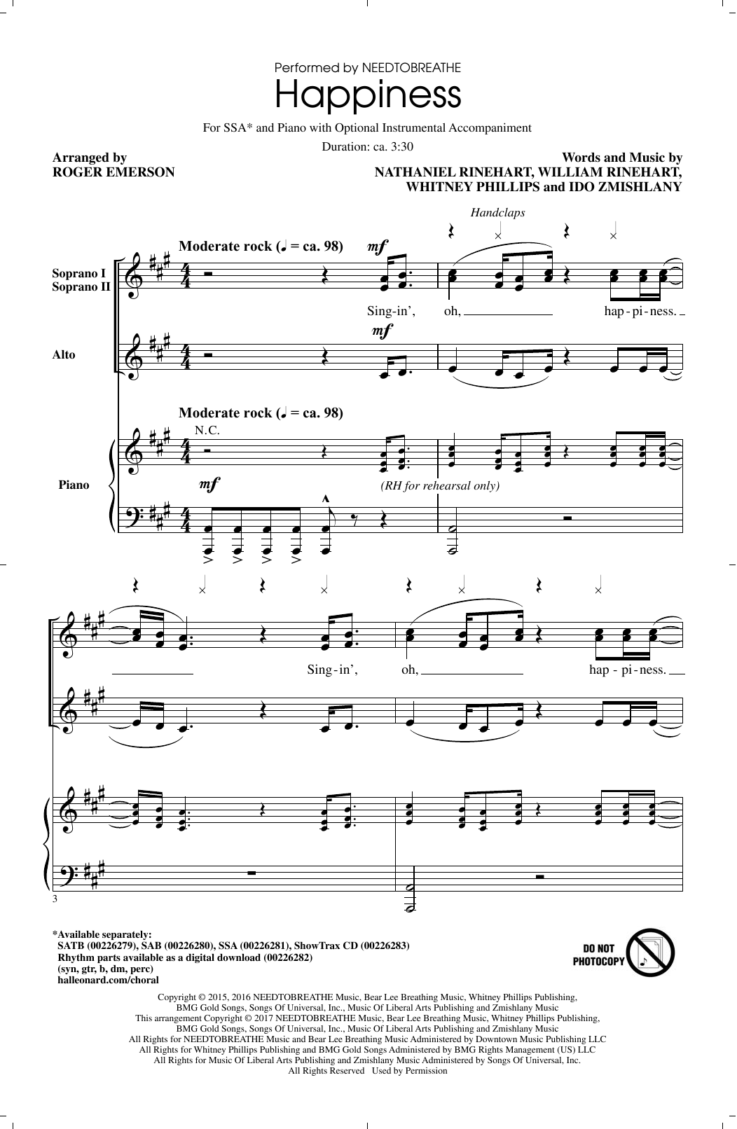 Roger Emerson Happiness sheet music notes and chords arranged for SATB Choir