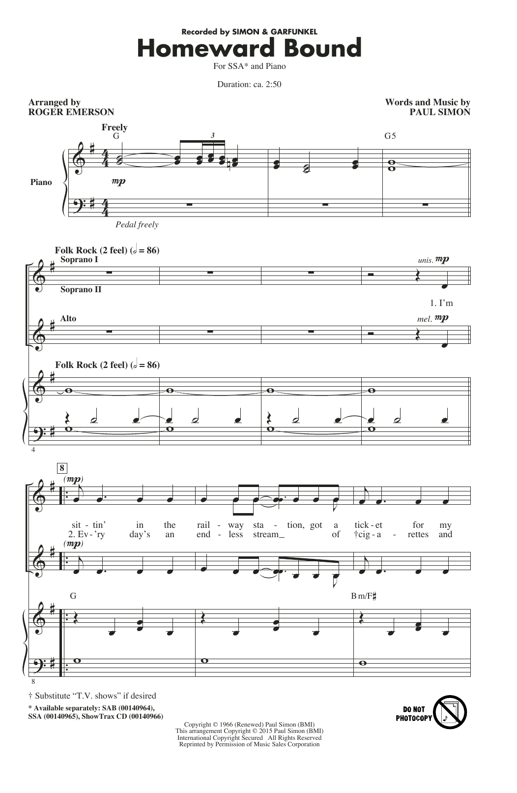Roger Emerson Homeward Bound sheet music notes and chords arranged for SAB Choir
